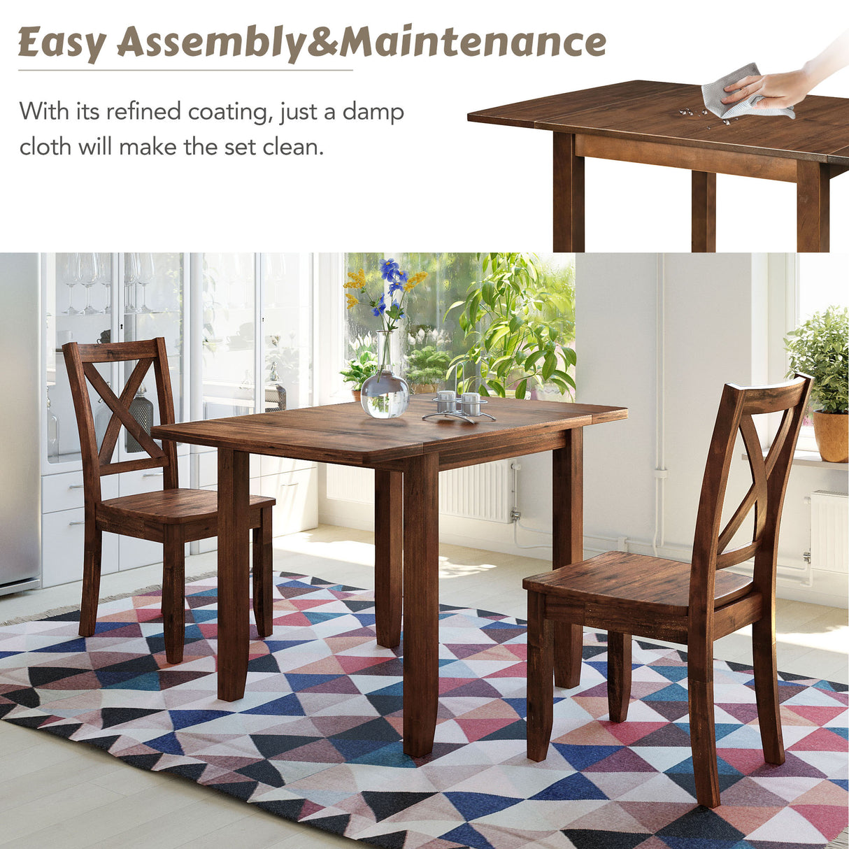 TOPMAX 3-Piece Wood Drop Leaf Breakfast Nook Dining Table Set with 2 X-back Chairs
