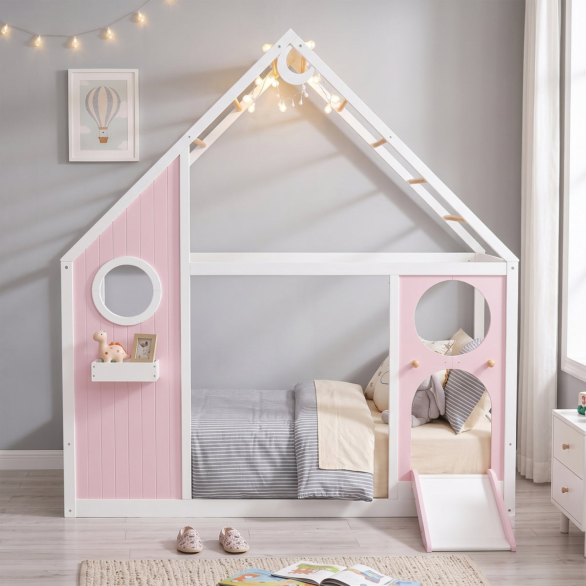 Twin House Bed with Slide, Ball Light Strip