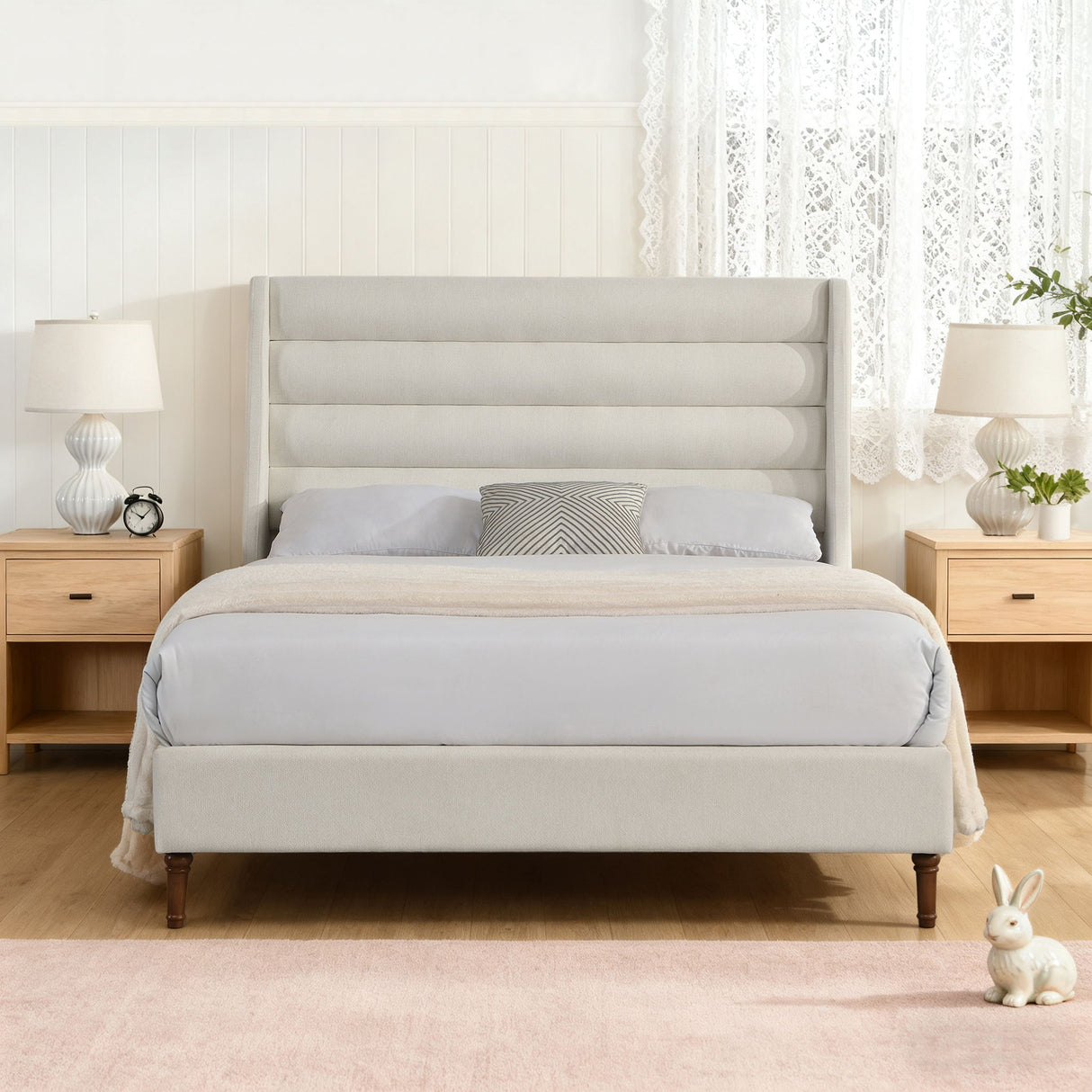Modern Upholstered Platform Bed With Wave Shaped Headboard