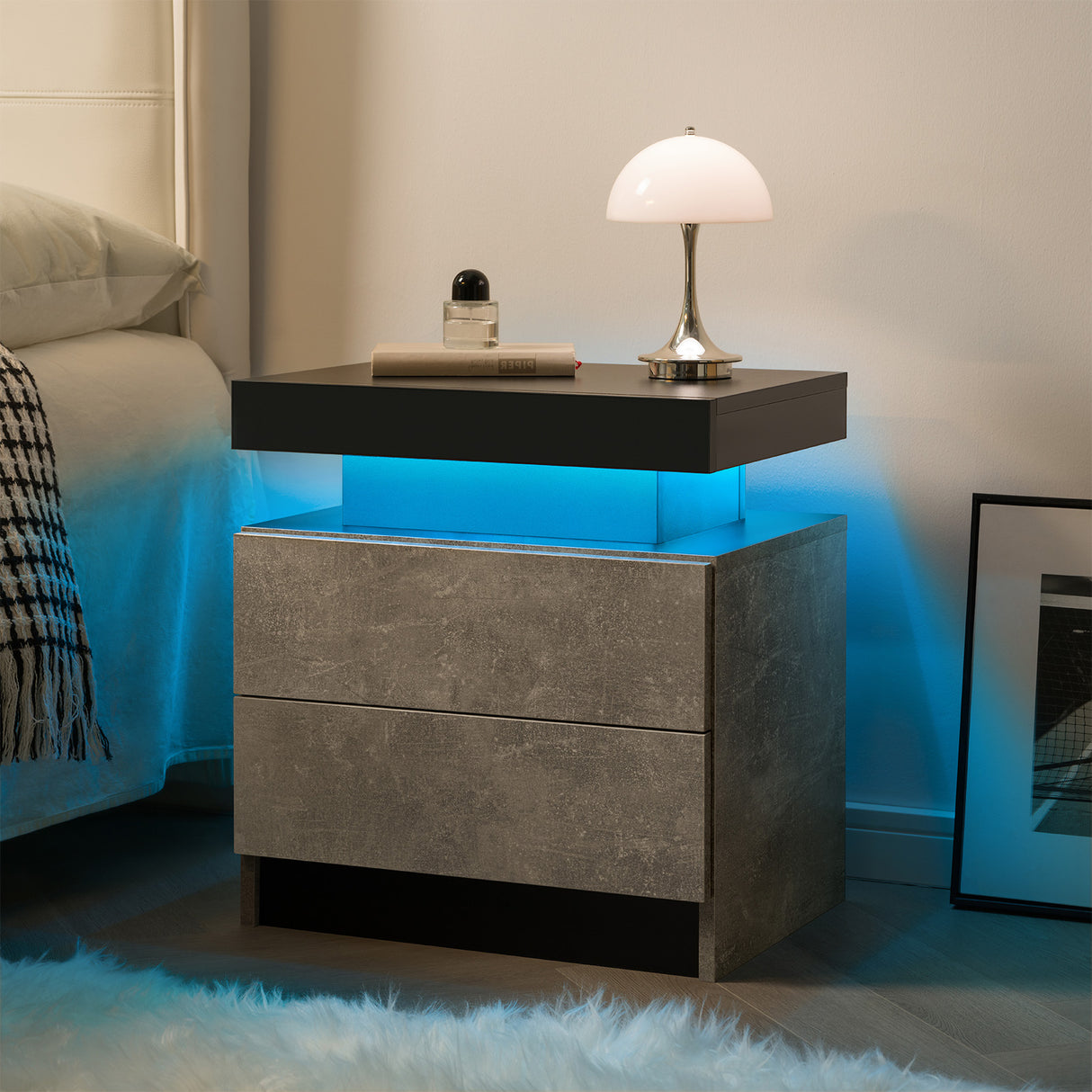 Modern LED Nightstand with 2 Drawers for Bedroom