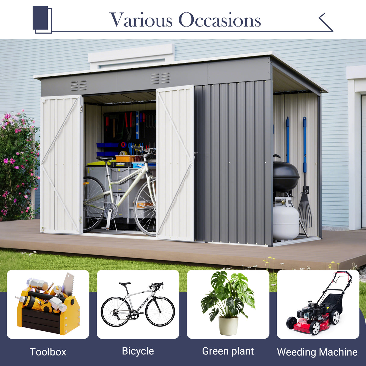 10'x4' Outdoor Metal Storage Shed for Garden Tools Lockable Door With Floor Frame