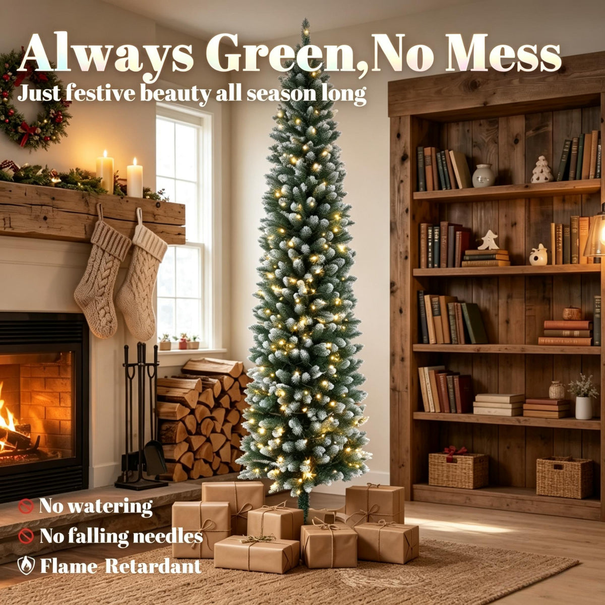 8ft Flocked Pencil Prelit Christmas Tree, Dual-Color