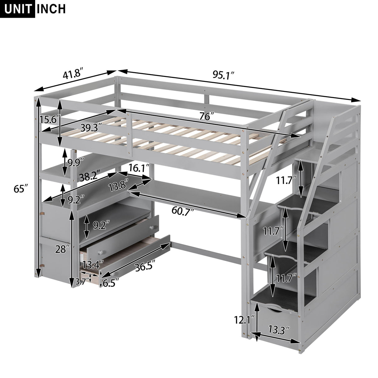 Loft Bed With Desk, Shelves, 2 Drawers, Storage Staircase