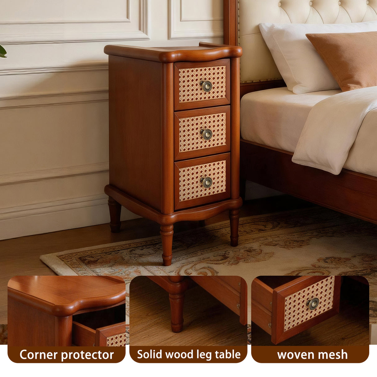 Rattan Narrow Side Table with 3 Drawers
