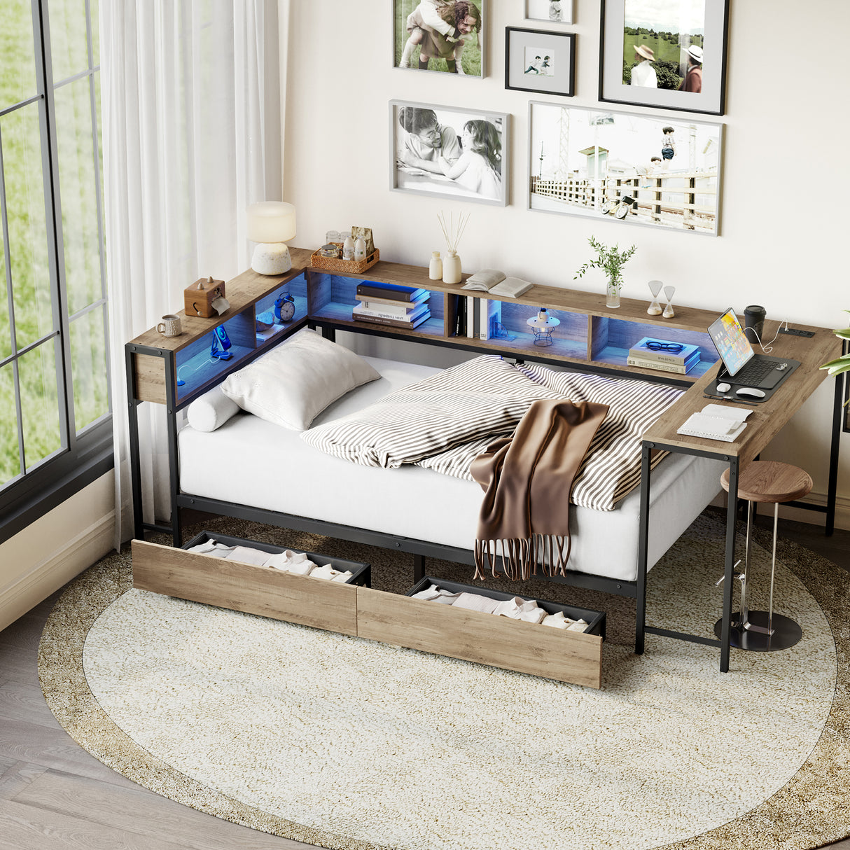 Corner Bed Frame Full Size with Bookcase and Storage Drawers