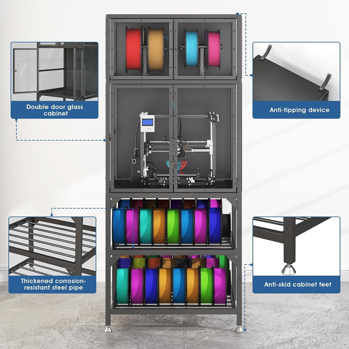 3D Printer Cabinet With Double Layer Filament Storage, Noise Reducing Design - Black