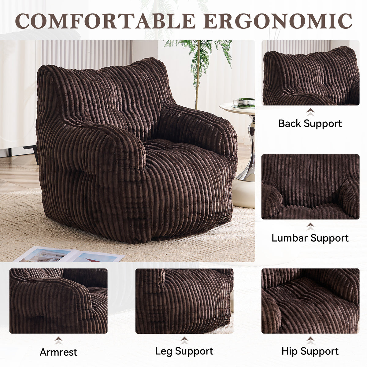 Soft Fluffy Corduroy Fabric Bean Bag Chair Filled With Memory Sponge
