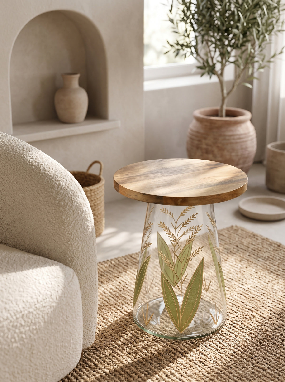 16x17.5" Glass Side Table with Wood Top