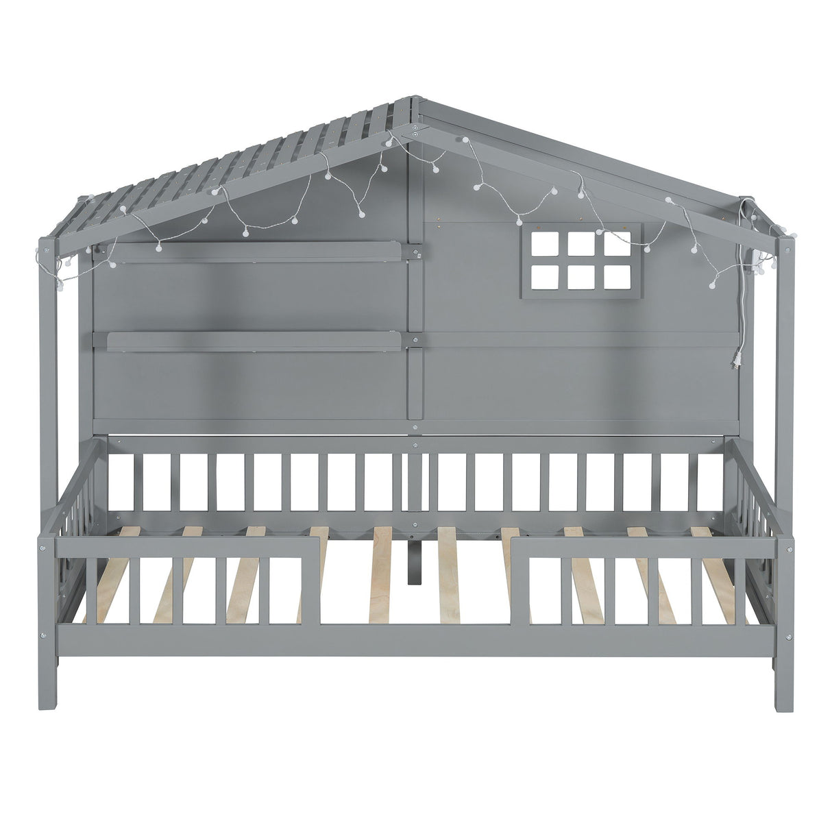 House Bed With Shelves, Window And Sparkling Light Strip On The Roof