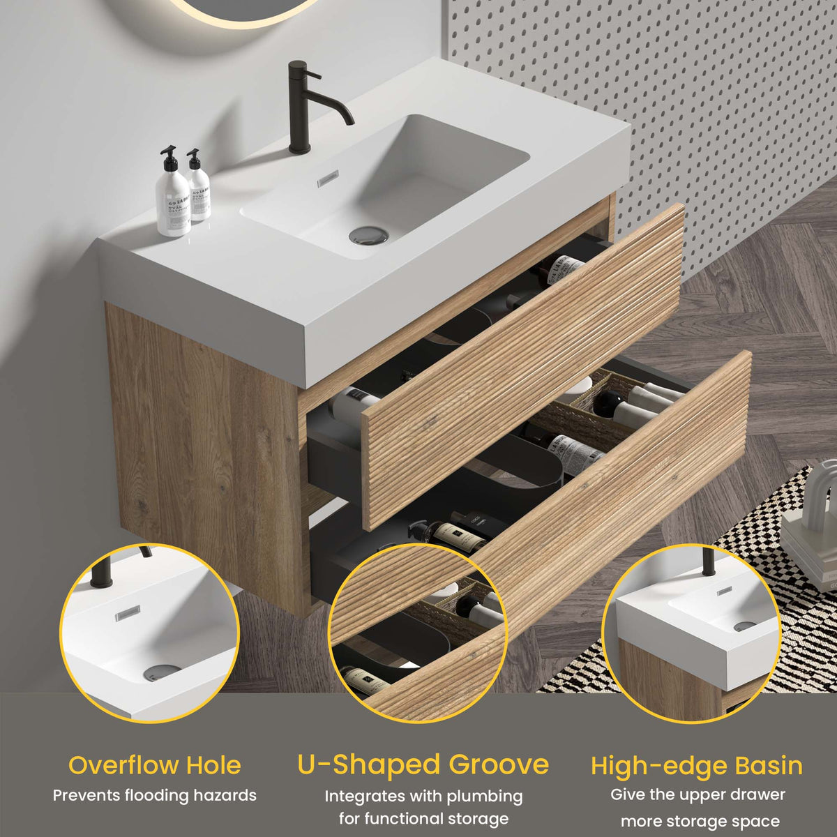 Grace 36-Inch Wall-Mounted Bathroom Vanity, Oak and White Solid Surface