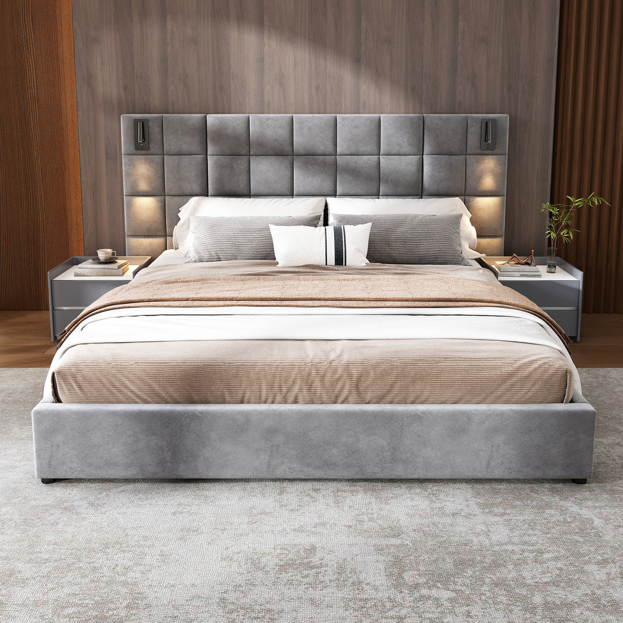 King Size Upholstered Bed Frame with Wall Sconce and USB Port