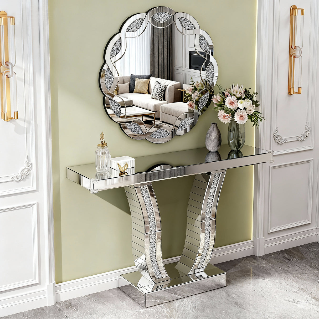 Silver Crush Diamond Round Wall Mirror