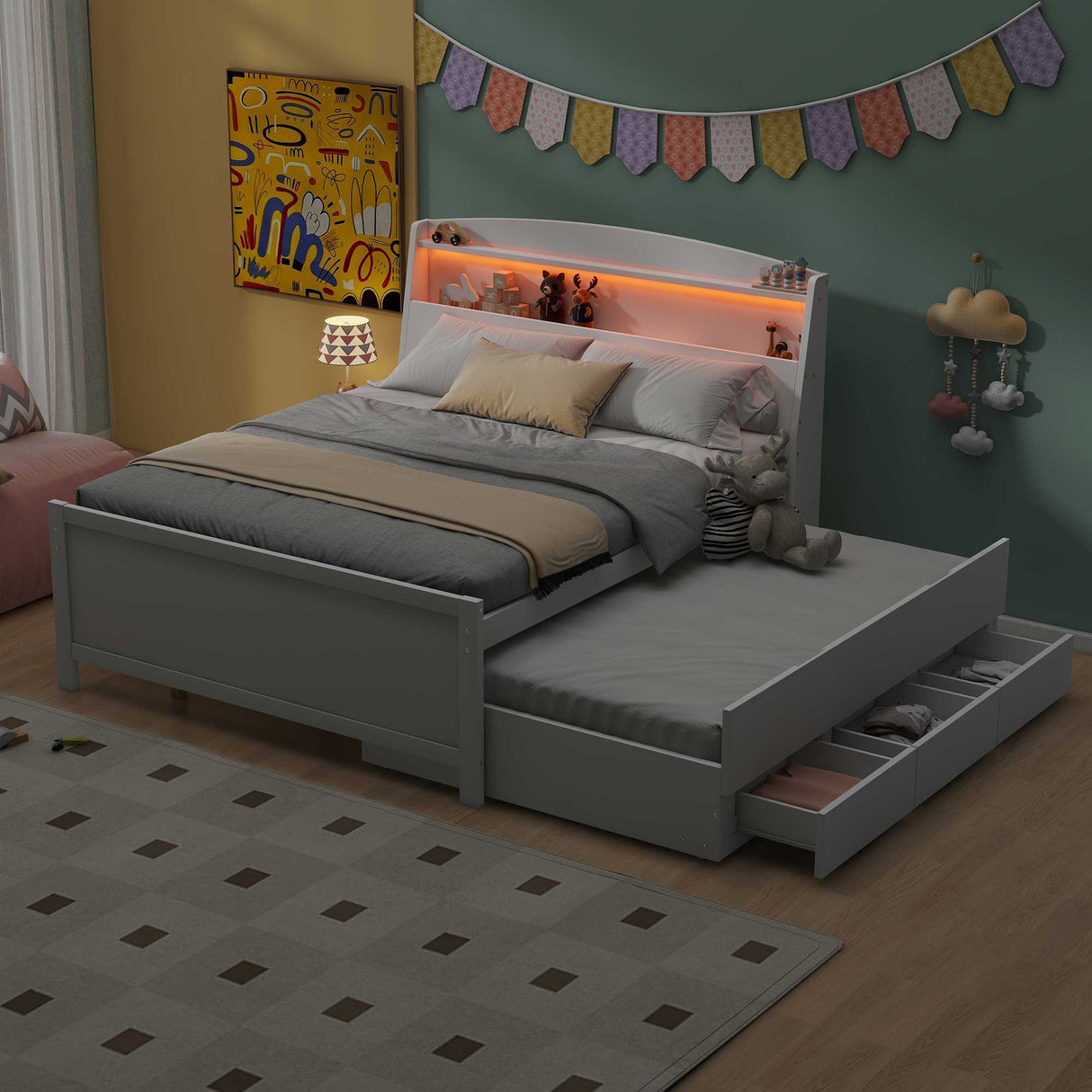 Full Size Platform Bed With Storage LED Headboard, Twin Trundle And 3 Drawers - White