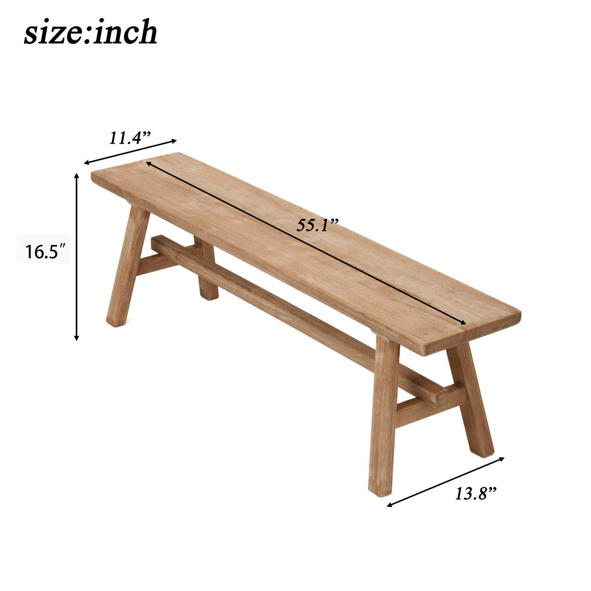 55" Farmhouse Wood Bench - Rustic Solid Wood Dining Room & Entryway Bench