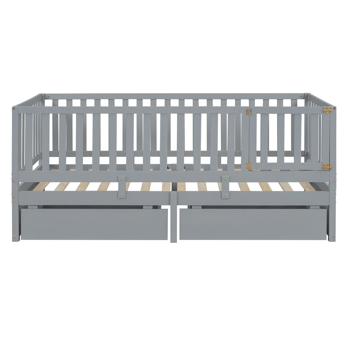 Daybed With Fence Guardrails And 2 Drawers, Split Into Independent Floor Bed & Daybed