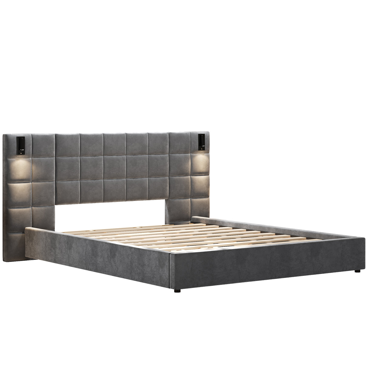 King Size Upholstered Bed Frame with Wall Sconce and USB Port
