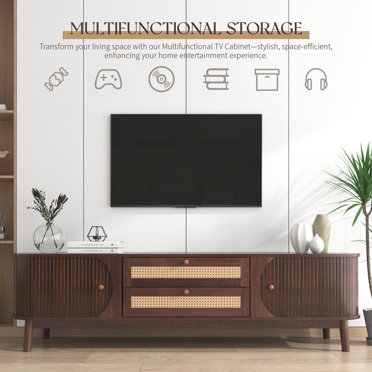 TV Stand For TVs Up To 75'', Cabinet With Drawers And Sliding Doors, Living Room Entertainment Console - Natural Wood / Brown