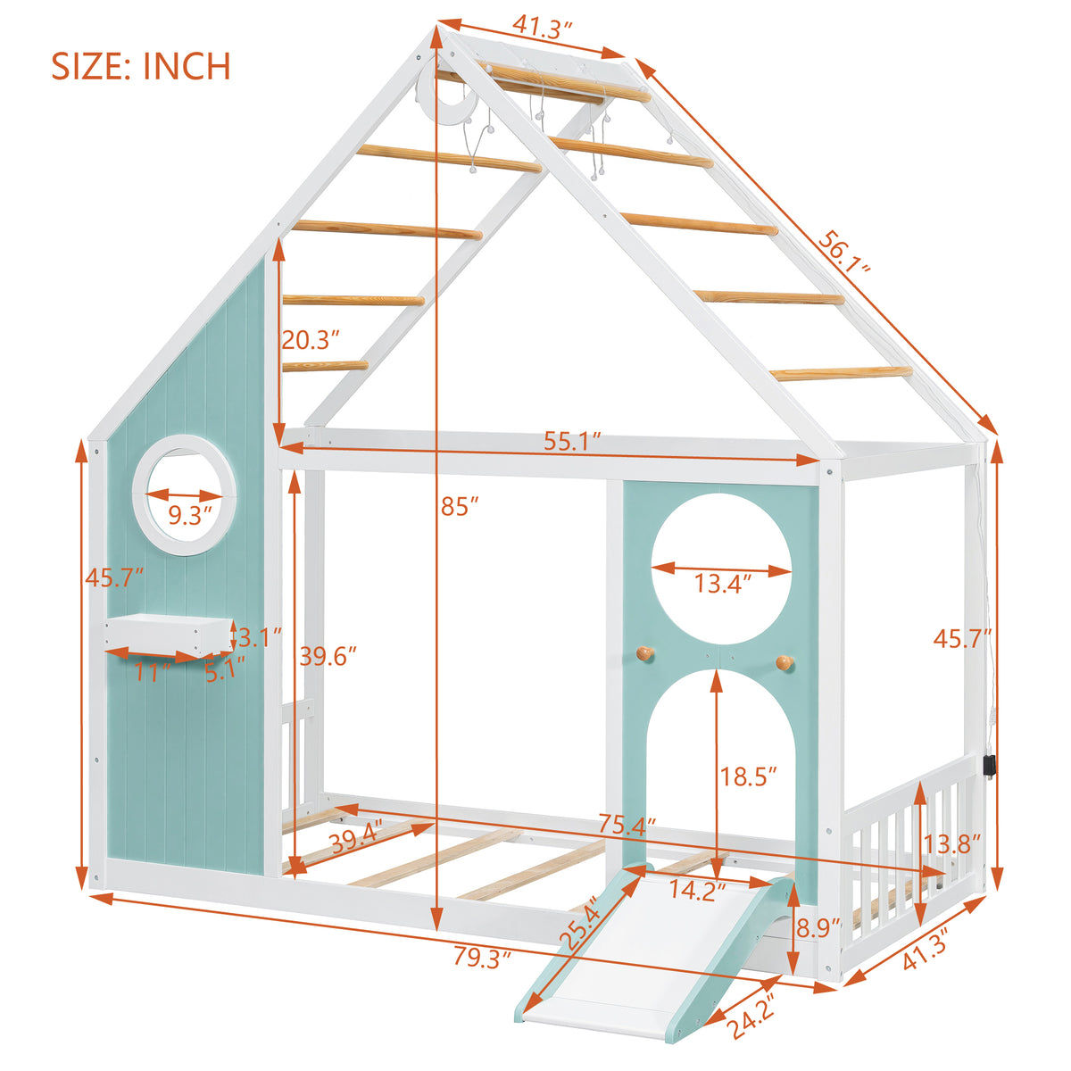 Twin House Bed with Slide, Ball Light Strip, Wooden Playhouse Design