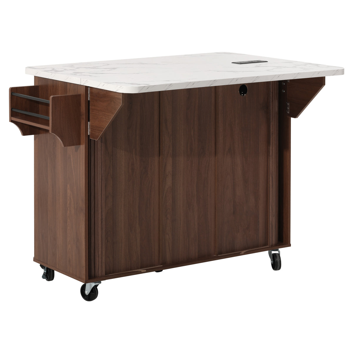 K&K 53.5" Kitchen Island with Sliding Doors, Drop Leaf, Power Outlet, Walnut Brown