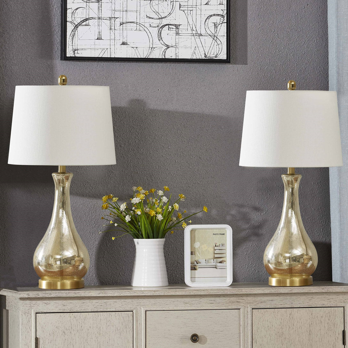 26" Modern Glam Table Lamp, Antique Brass and Glass, 3-Way Dimmable