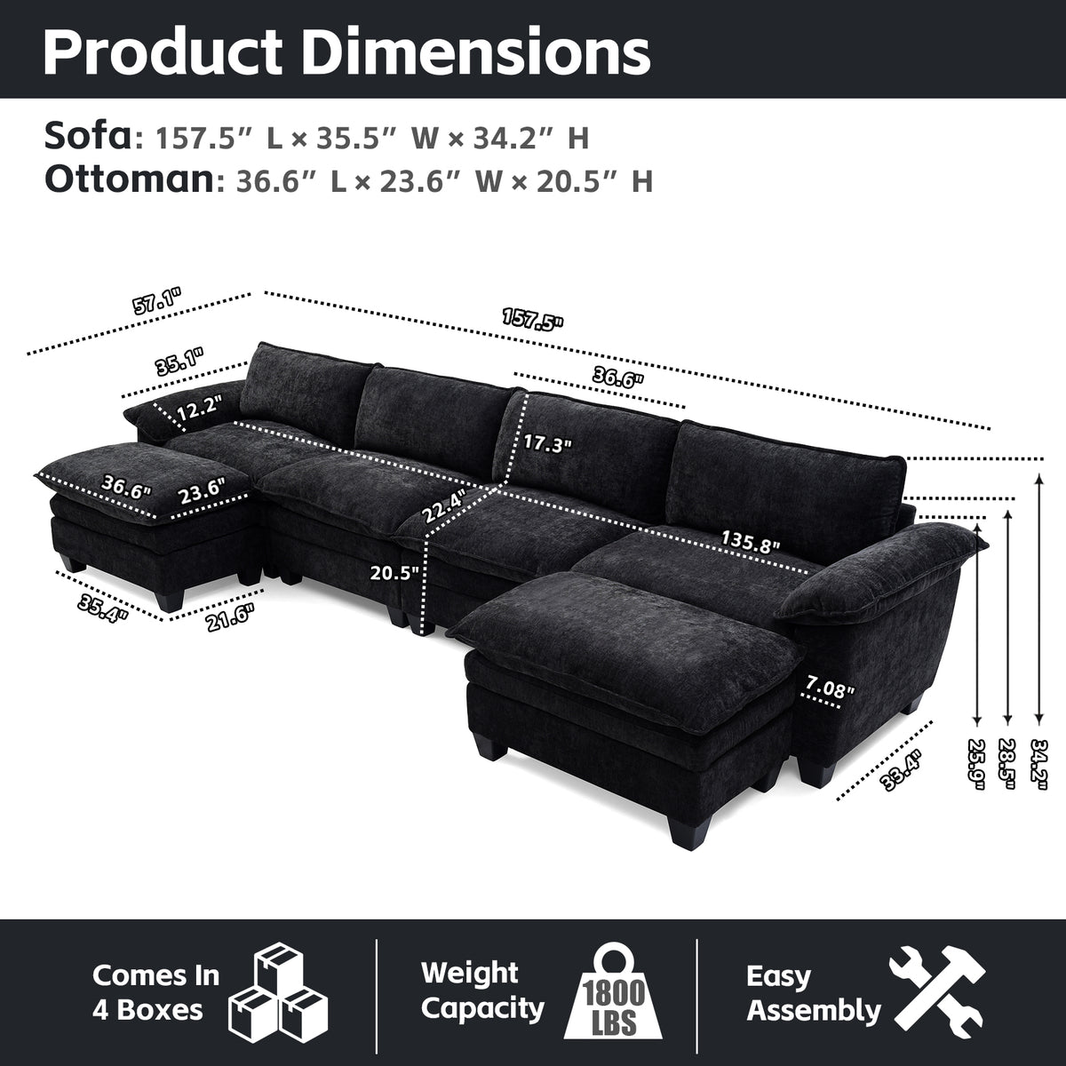 Luxury Chenille Upholstered U Shape Sofa with Two Ottomans