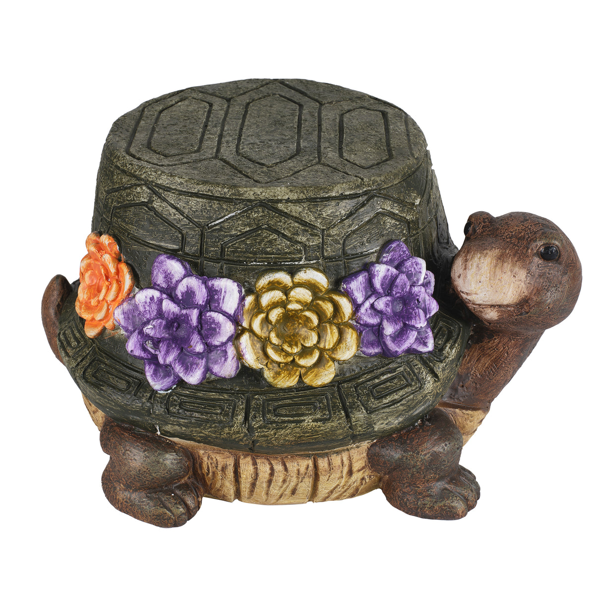 Turtle Garden Statue Outdoor Stool with Floral Detail - Multi-Color