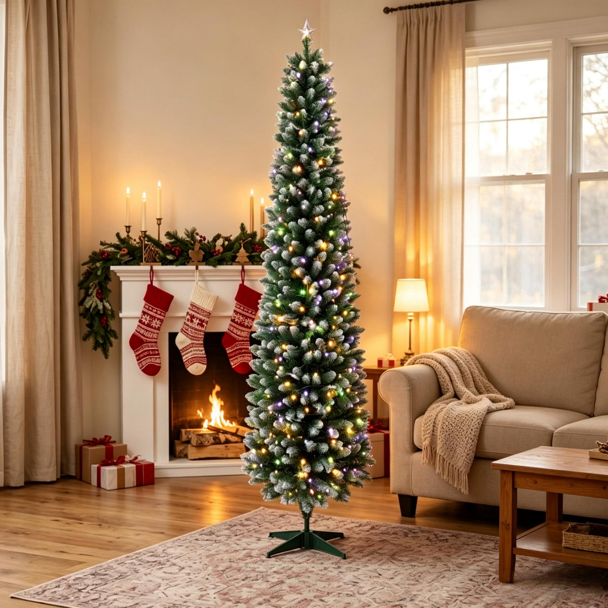 7ft Flocked Pencil Prelit Christmas Tree, Dual-Color