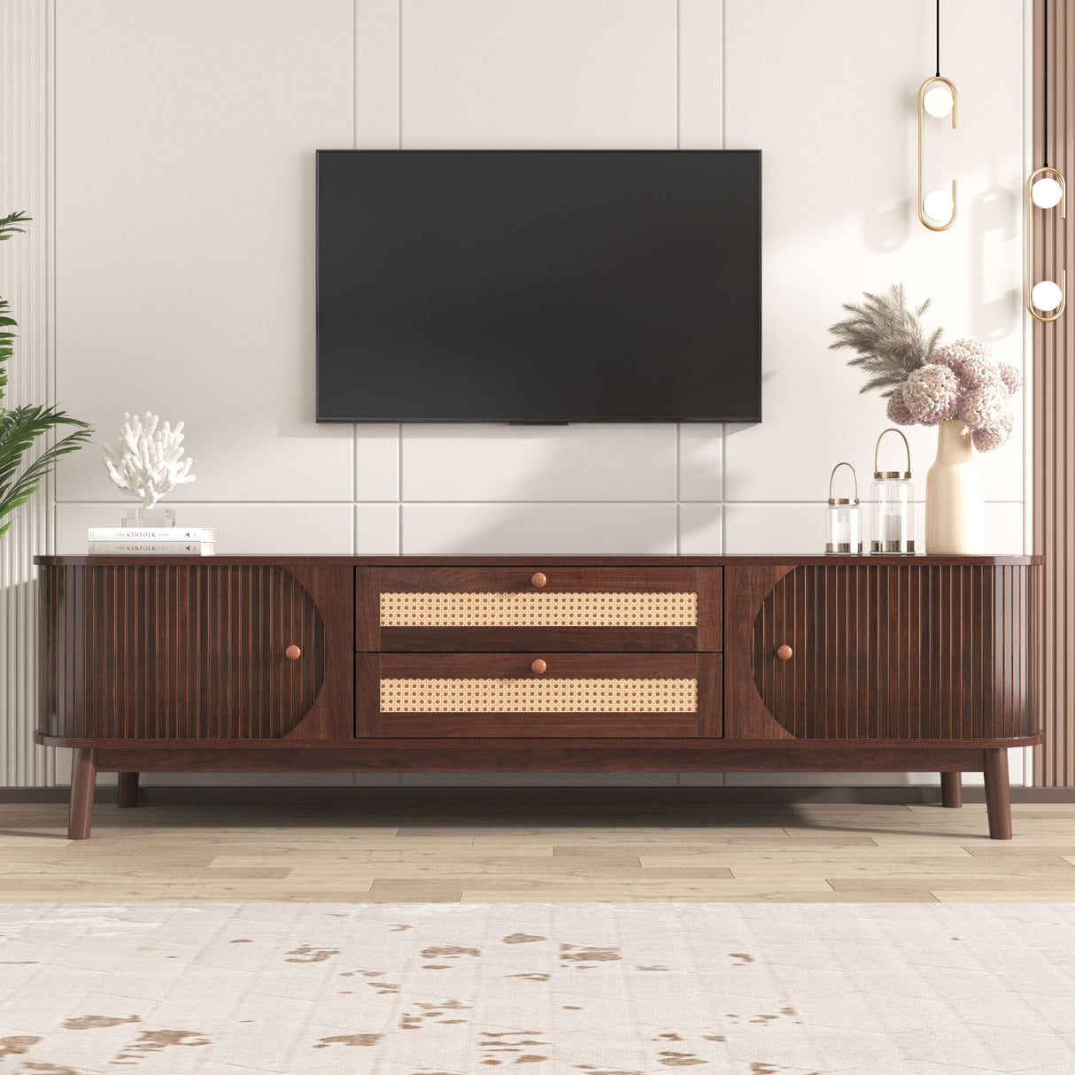 TV Stand For TVs Up To 75'', Cabinet With Drawers And Sliding Doors, Living Room Entertainment Console - Natural Wood / Brown
