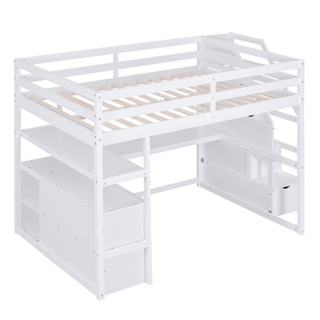 Loft Bed With Desk, Shelves, 2 Drawers, Storage Staircase