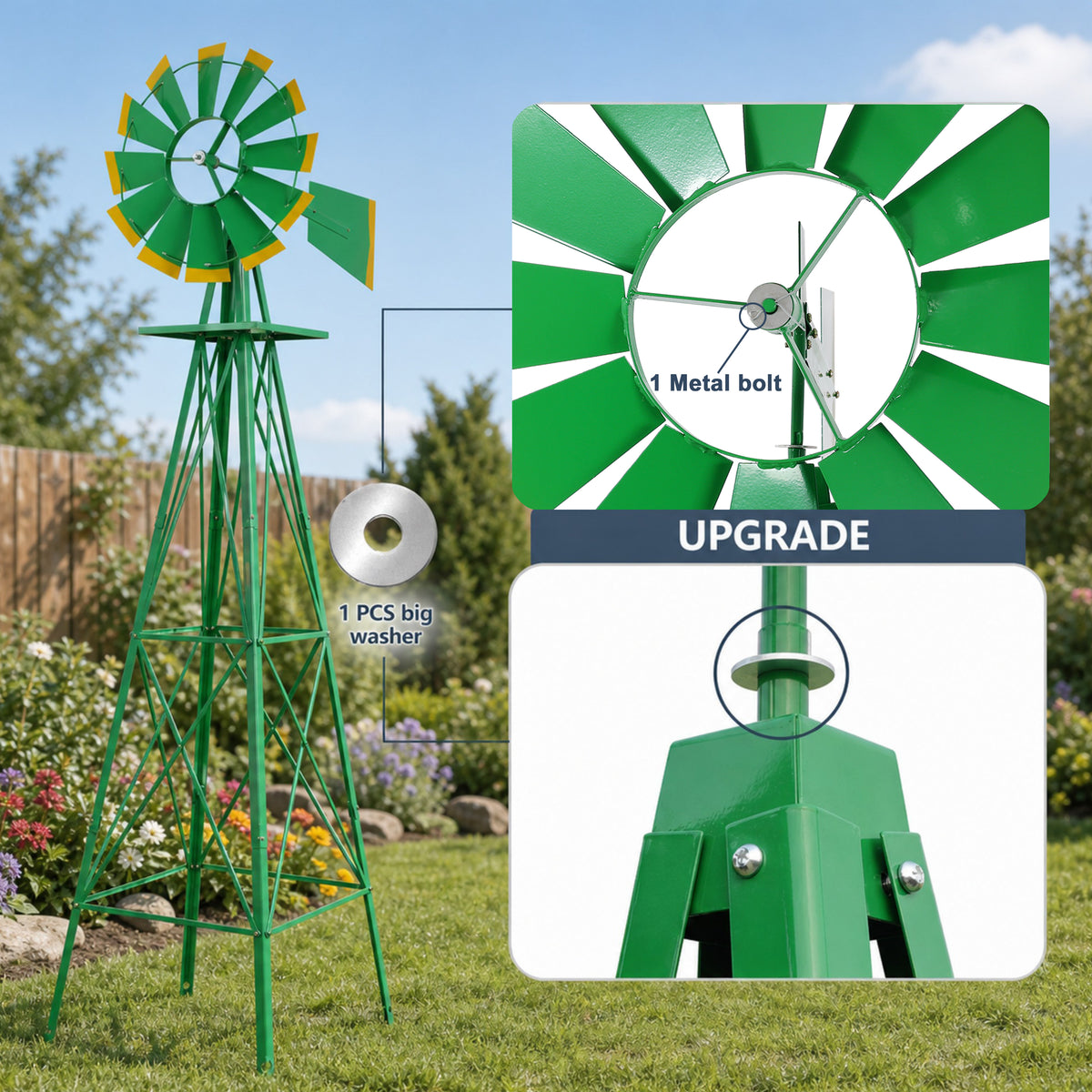 8FT Decorative Garden Windmill with Heavy Duty Steel Frame - Metal