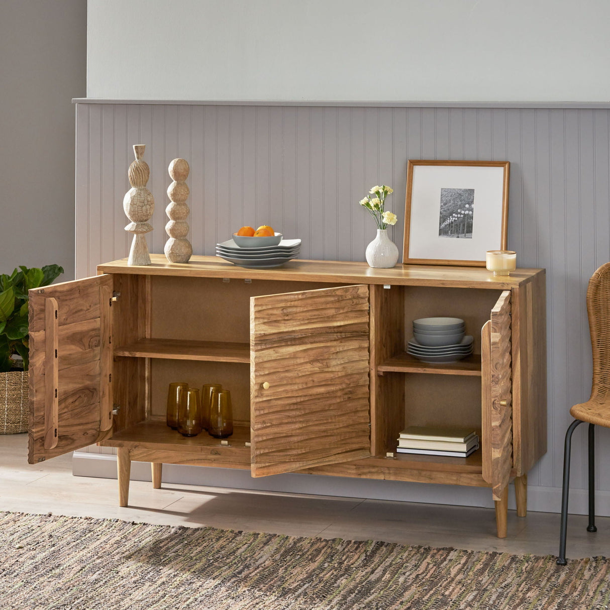 Boho Handcrafted 3 Door Sideboard, Carved Texture & Artisanal Charm - Natural - Best Buy Furniture