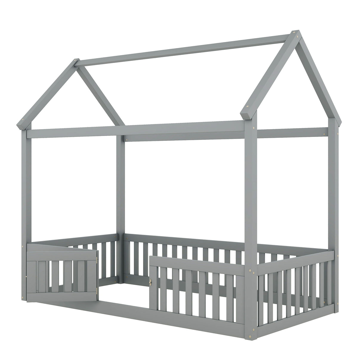 Wood House Bed With Fence And Door