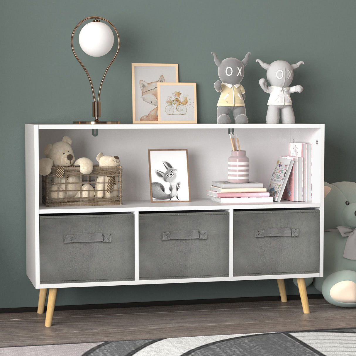 Bookcase With Collapsible Drawers, Book Display Organizer