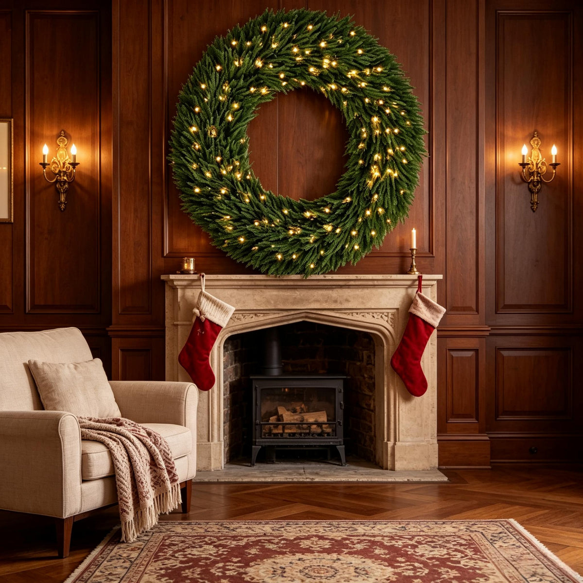 48 In Artificial Norfolk Pine Christmas Wreath, Pre-Lit