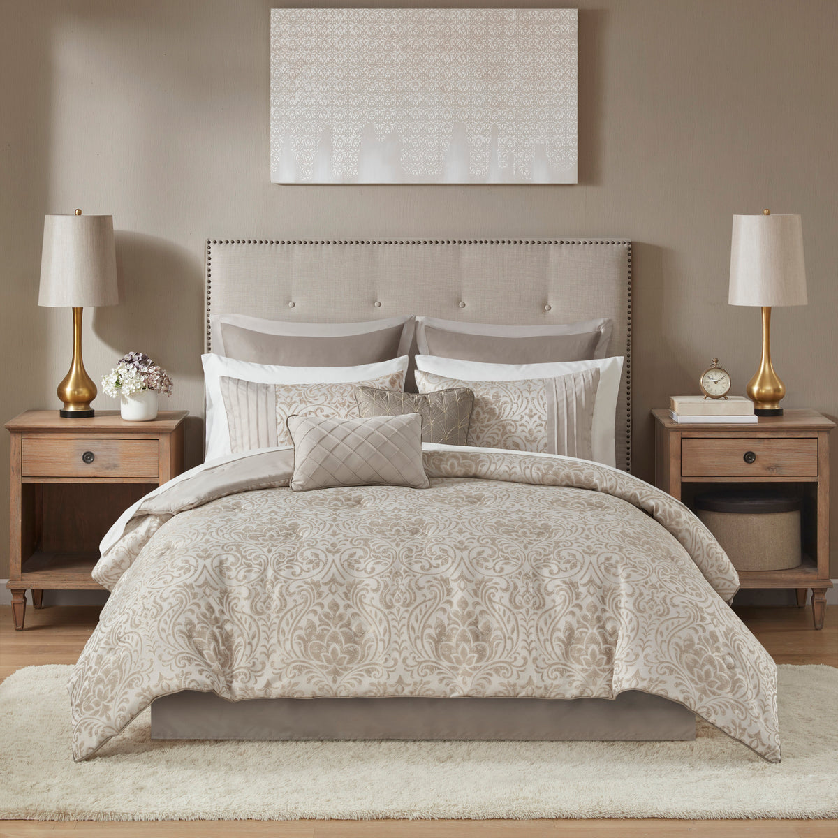 12 Piece Jacquard Comforter Set with Bed Sheets - Khaki Cal King