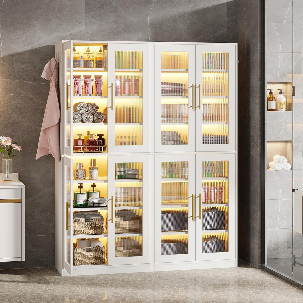 Bookcase With Doors And LED Lighting, 8 Adjustable Shelves Storage Cabinet
