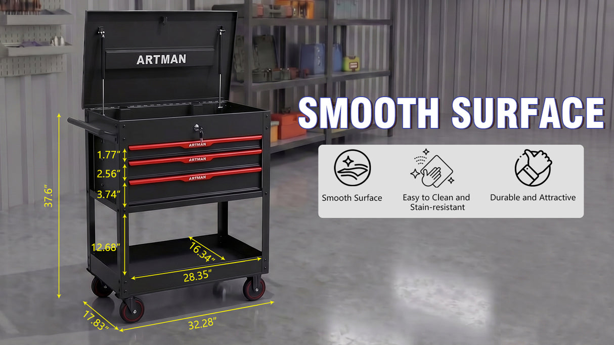 3 Drawers Multifunctional Tool Cart with Wheels and Steel Top - Black & Red
