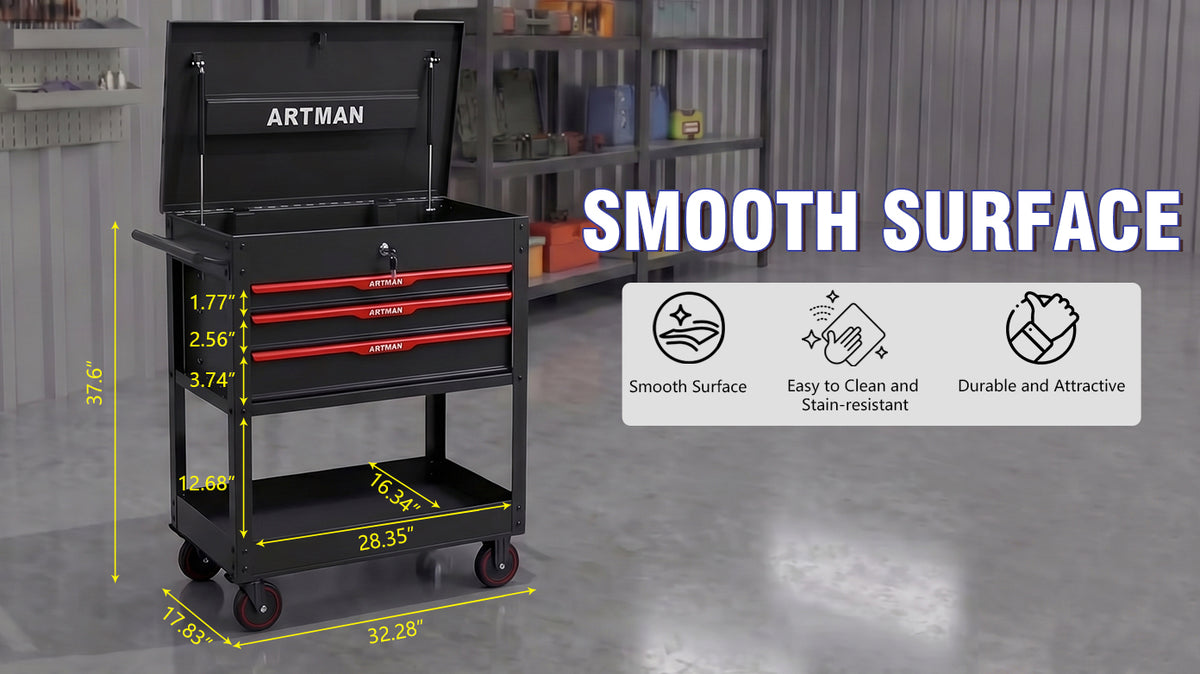 3 Drawers Multifunctional Tool Cart With Wheels and Steel Top