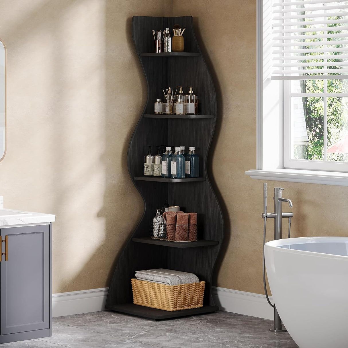 5 Tier Wavy Corner Bookshelf And Plant Stand For Living Room