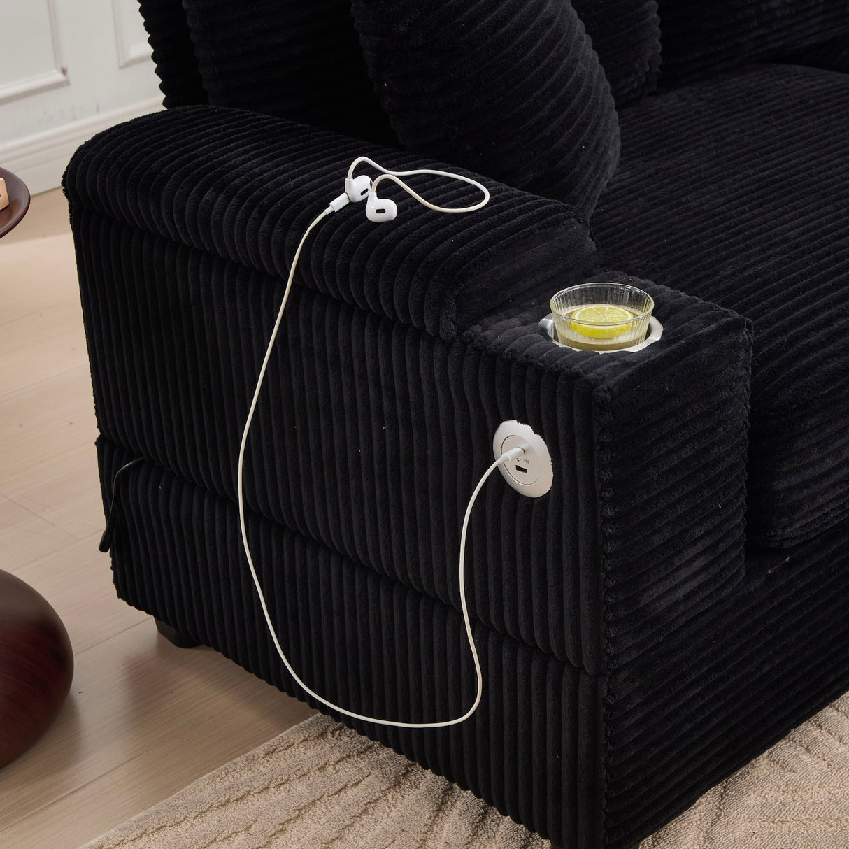 Convertible Sectional Sofa Bed Set With Armrest Storage, Cup Holder, USB - Black