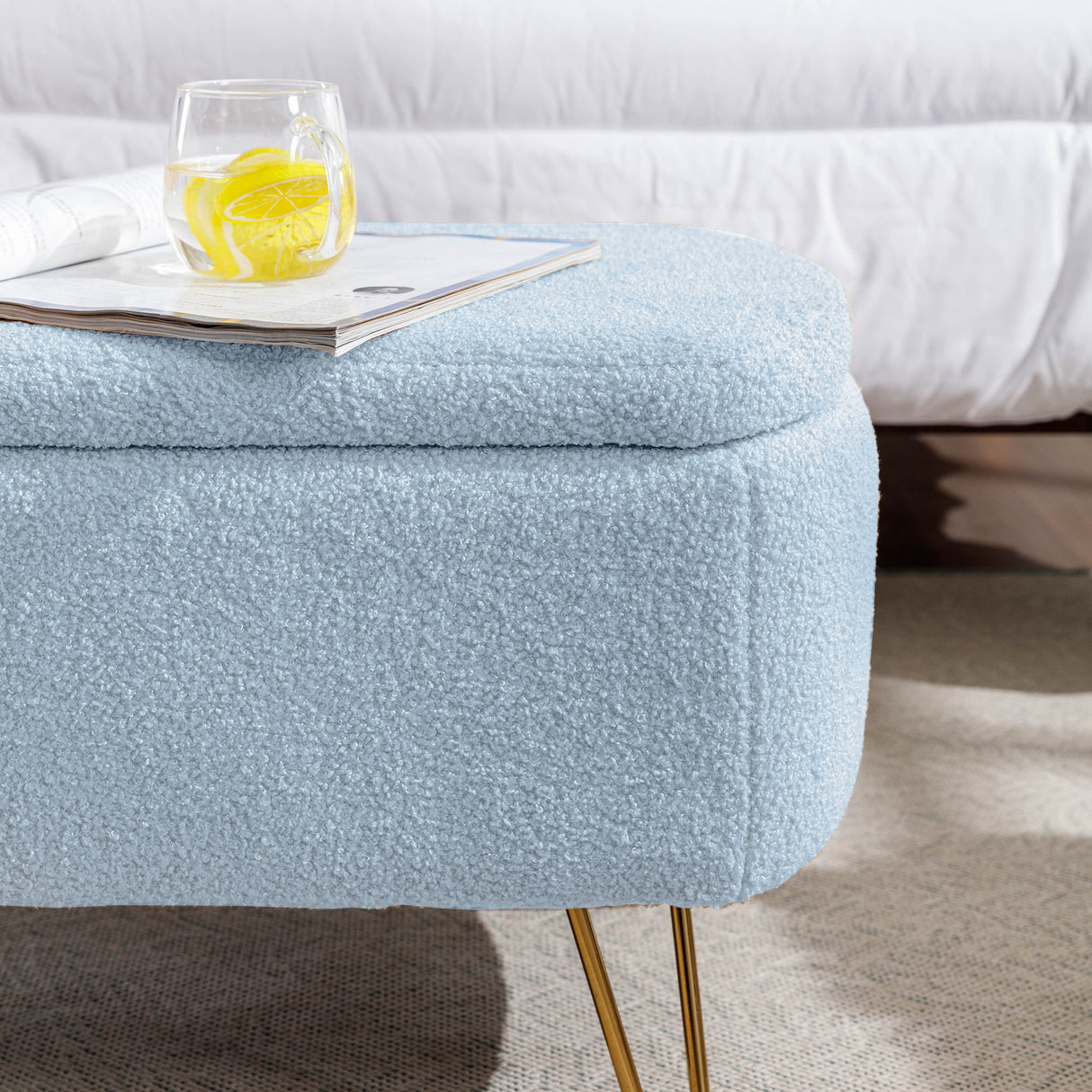 Storage Ottoman Bench For End Of Bed Legs, Modern Camel Faux Fur Entryway Bench Upholstered Padded With Storage For Living Room Bedroom