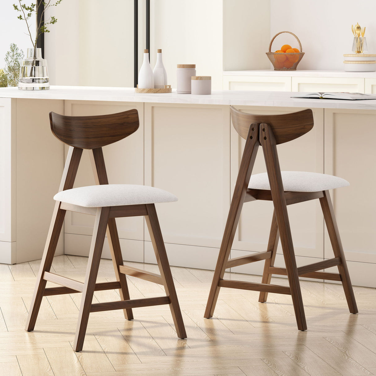 Mid Century Modern Counter Stool With V Shape Frame And Upholstered Seating