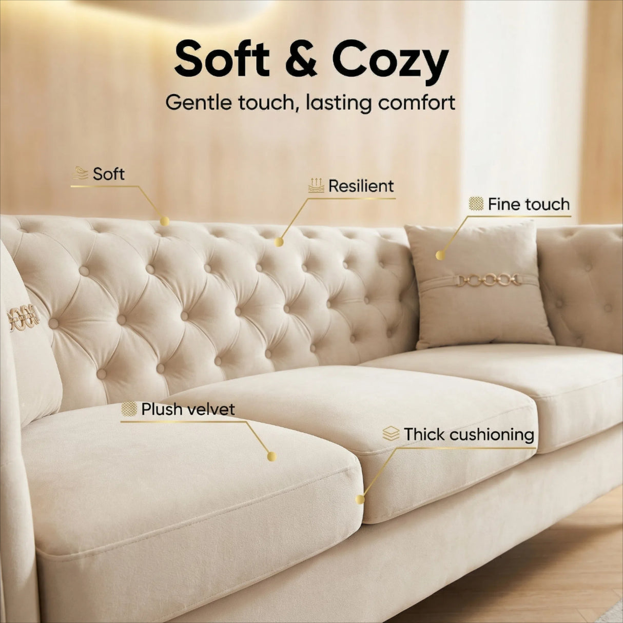 Contemporary Velvet Sofa With 2 Pillows