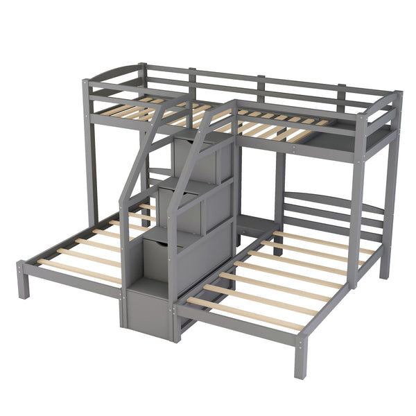 Twin Over Twin & Twin Bunk Bed With Built In Staircase And Storage Drawer - Gray