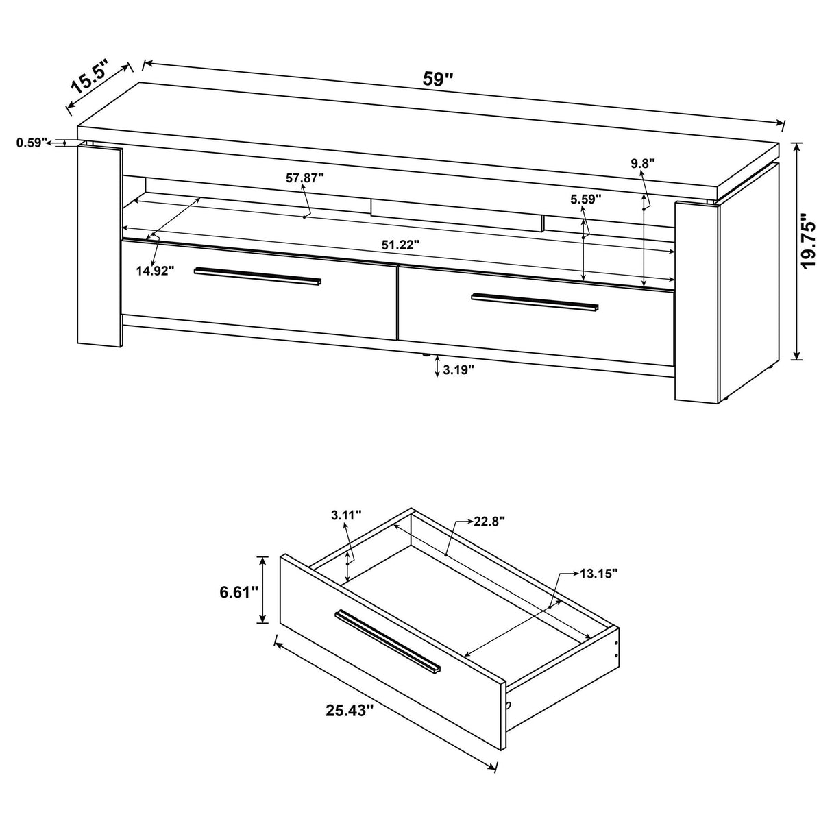 2 Drawer TV Console With Floating Top - Gray