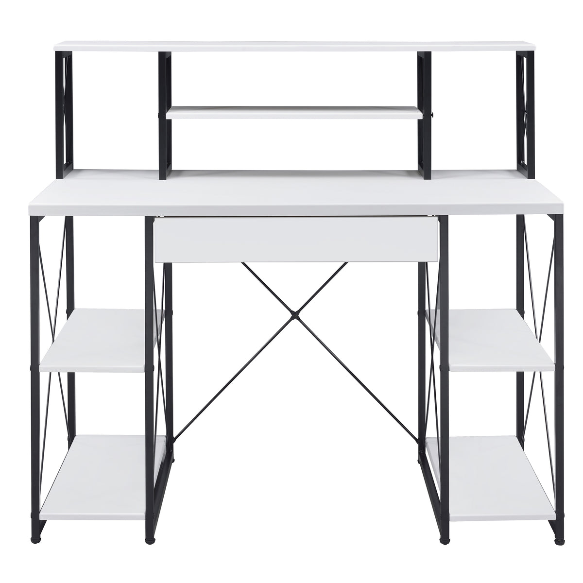 White and Black Recording Studio Desk with Drawer - Wood & Metal