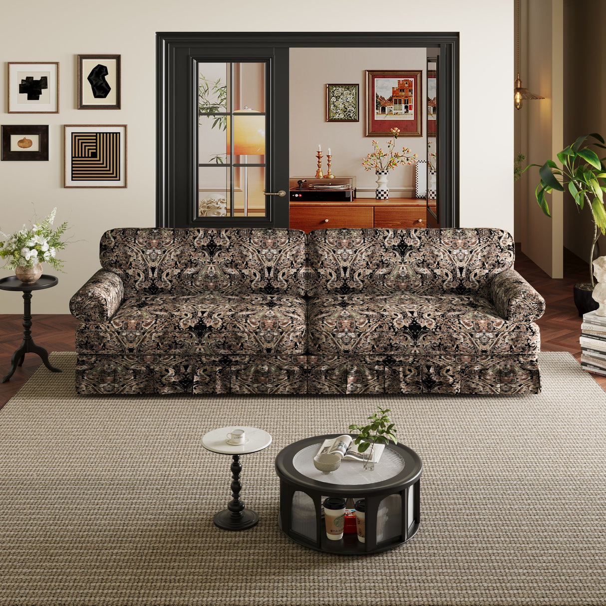 Luxuriously Comfortable Cloud Couch With Elegant Rolled Arms & Pleated Skirt Design