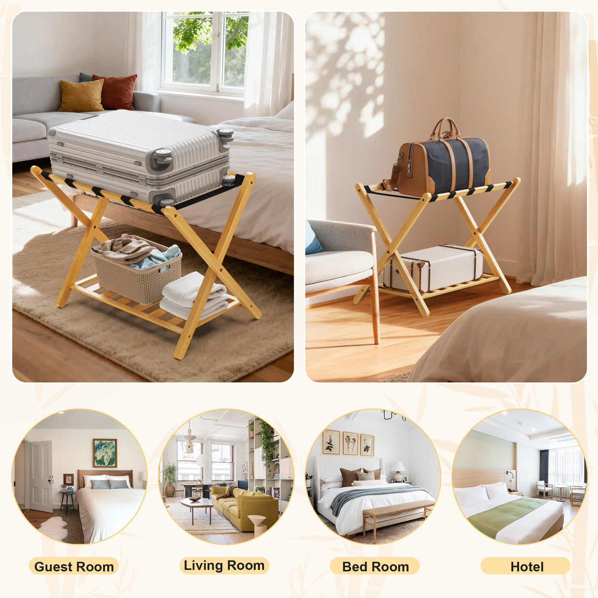 Folding Bamboo Luggage Rack with Lower Storage Shelf