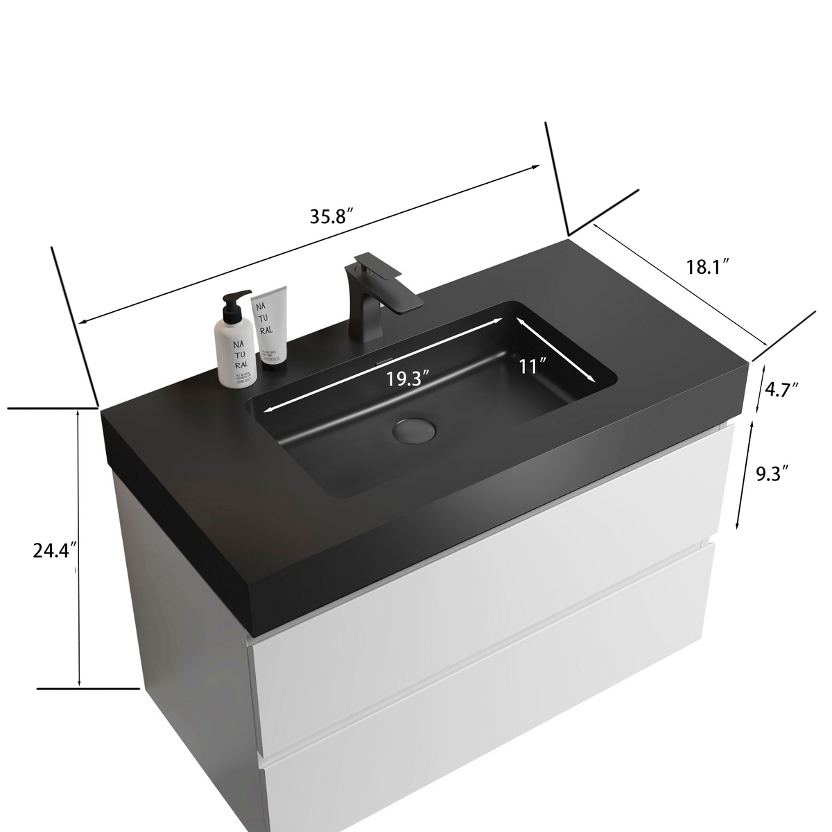 Alice 36" Wall-Mounted Bathroom Vanity, Matte Black Sink, White