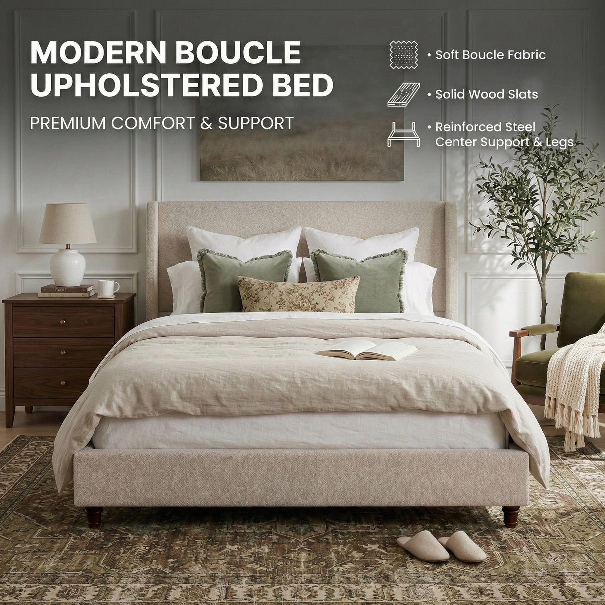 52.7" Tall Wingback Upholstered Queen Size Platform Bed Frame